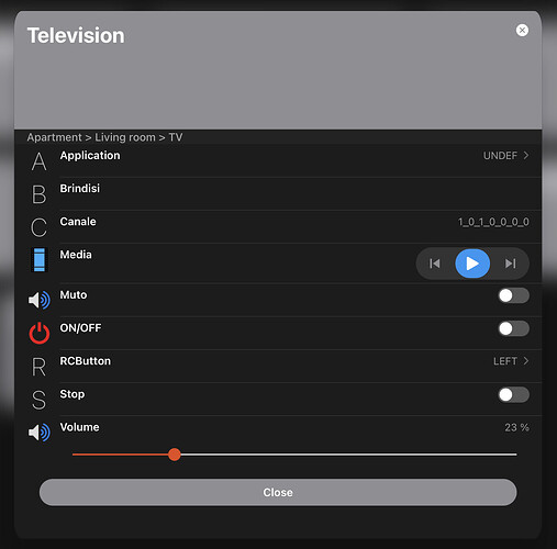 Card containing the Apartment>Living room>TV equipment to change.
