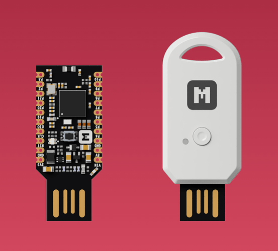 nRF52840 USB radio sticks (unhoused, housed; MakerDiary)