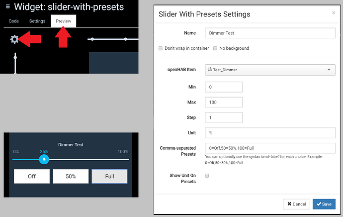 Slider with presets preview settings